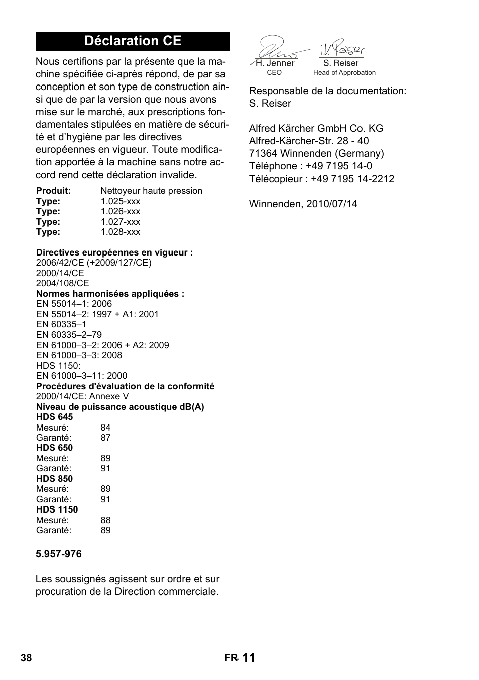 Déclaration ce | Karcher HDS 650 4M BASICEU-I User Manual | Page 38 / 328