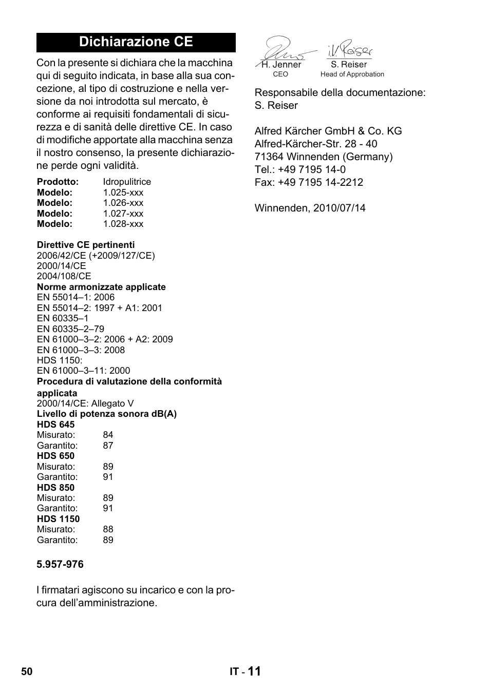 Dichiarazione ce | Karcher HDS 650 4M BASICEU-I User Manual | Page 50 / 328