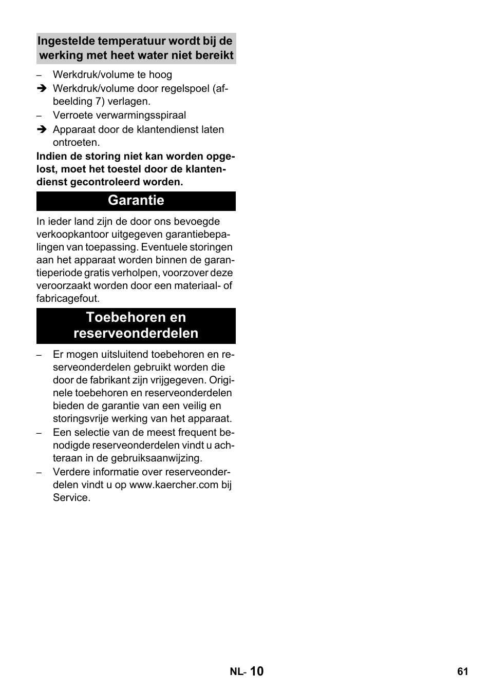 Garantie toebehoren en reserveonderdelen | Karcher HDS 650 4M BASICEU-I User Manual | Page 61 / 328