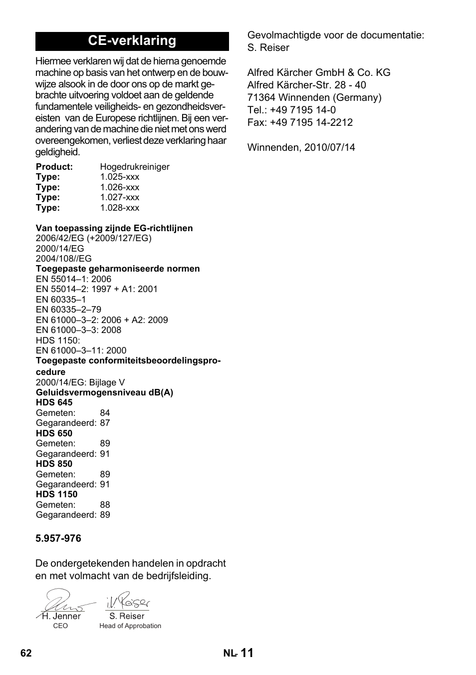 Ce-verklaring | Karcher HDS 650 4M BASICEU-I User Manual | Page 62 / 328