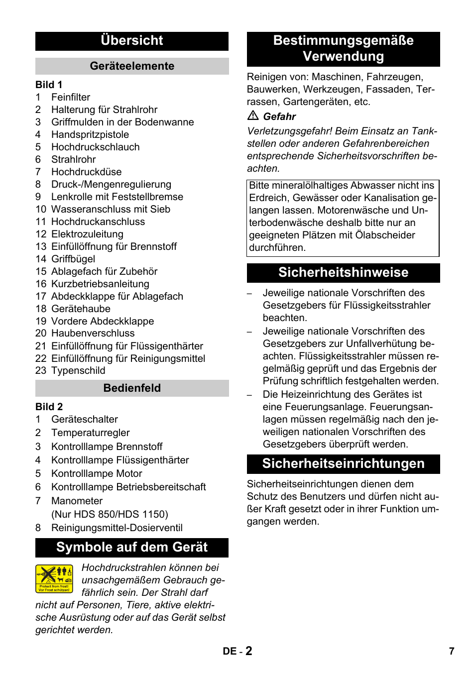 Übersicht, Symbole auf dem gerät bestimmungsgemäße verwendung, Sicherheitshinweise sicherheitseinrichtungen | Karcher HDS 650 4M BASICEU-I User Manual | Page 7 / 328