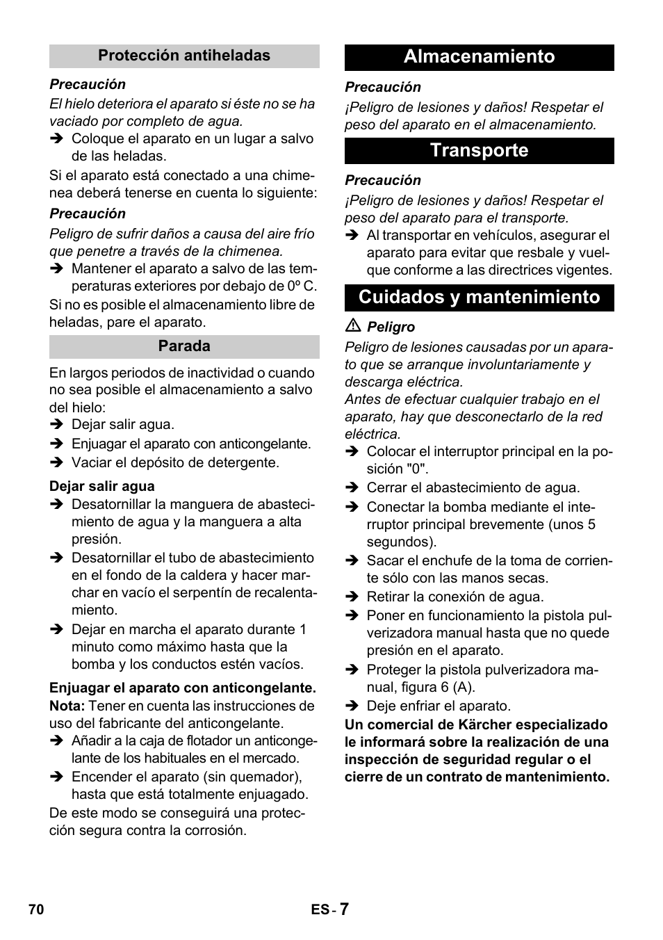 Almacenamiento transporte cuidados y mantenimiento | Karcher HDS 650 4M BASICEU-I User Manual | Page 70 / 328