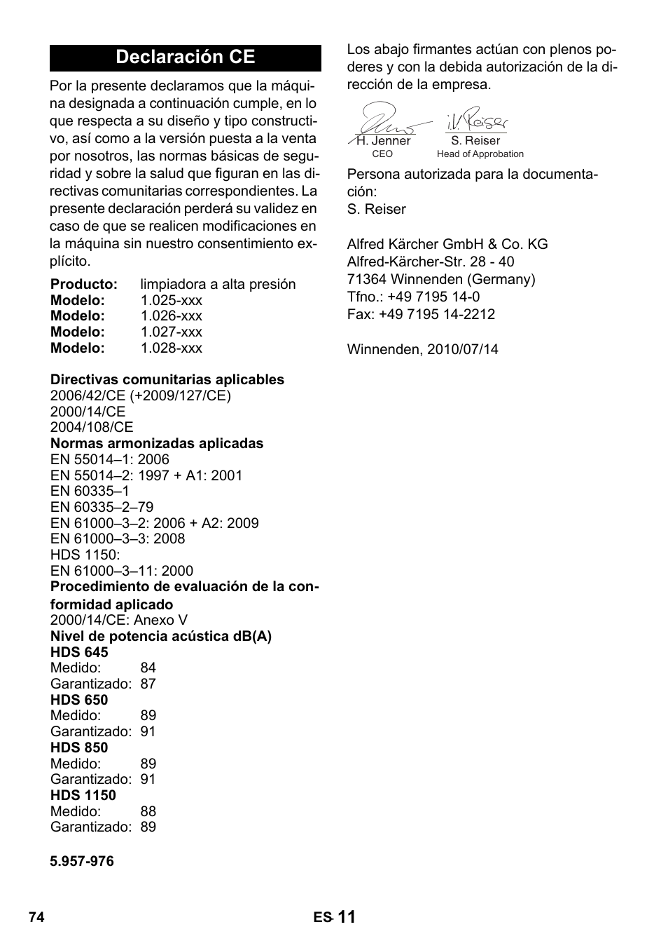 Declaración ce | Karcher HDS 650 4M BASICEU-I User Manual | Page 74 / 328