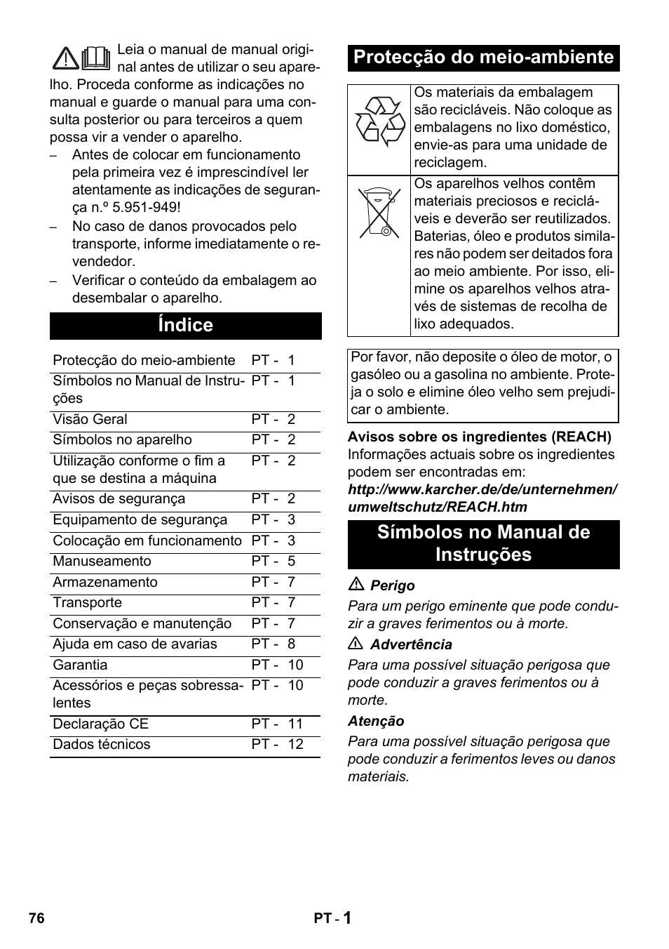 Índice, Protecção do meio-ambiente, Símbolos no manual de instruções | Karcher HDS 650 4M BASICEU-I User Manual | Page 76 / 328