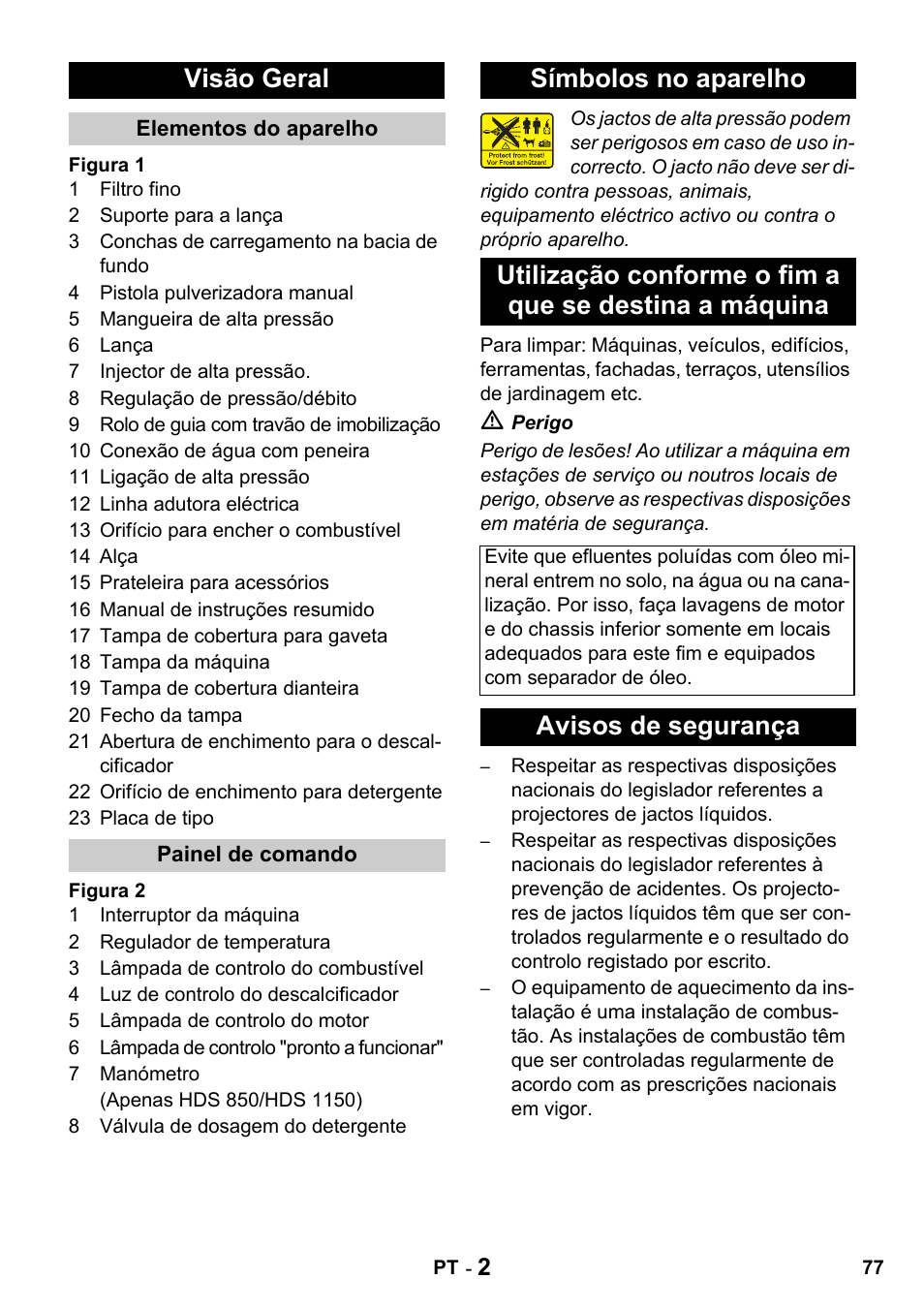 Visão geral, Avisos de segurança | Karcher HDS 650 4M BASICEU-I User Manual | Page 77 / 328