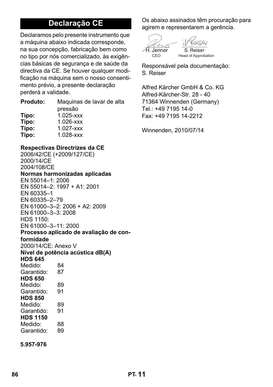 Declaração ce | Karcher HDS 650 4M BASICEU-I User Manual | Page 86 / 328