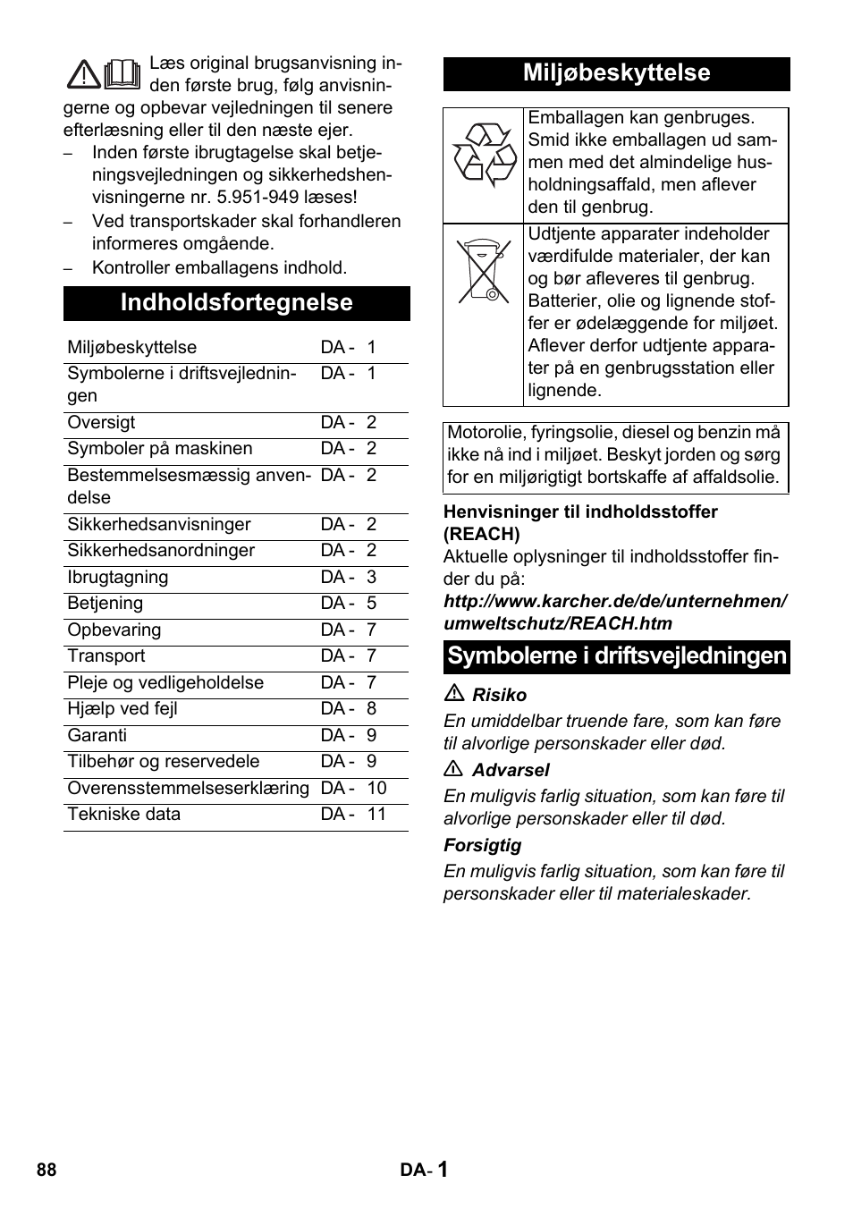 Indholdsfortegnelse, Miljøbeskyttelse, Symbolerne i driftsvejledningen | Karcher HDS 650 4M BASICEU-I User Manual | Page 88 / 328