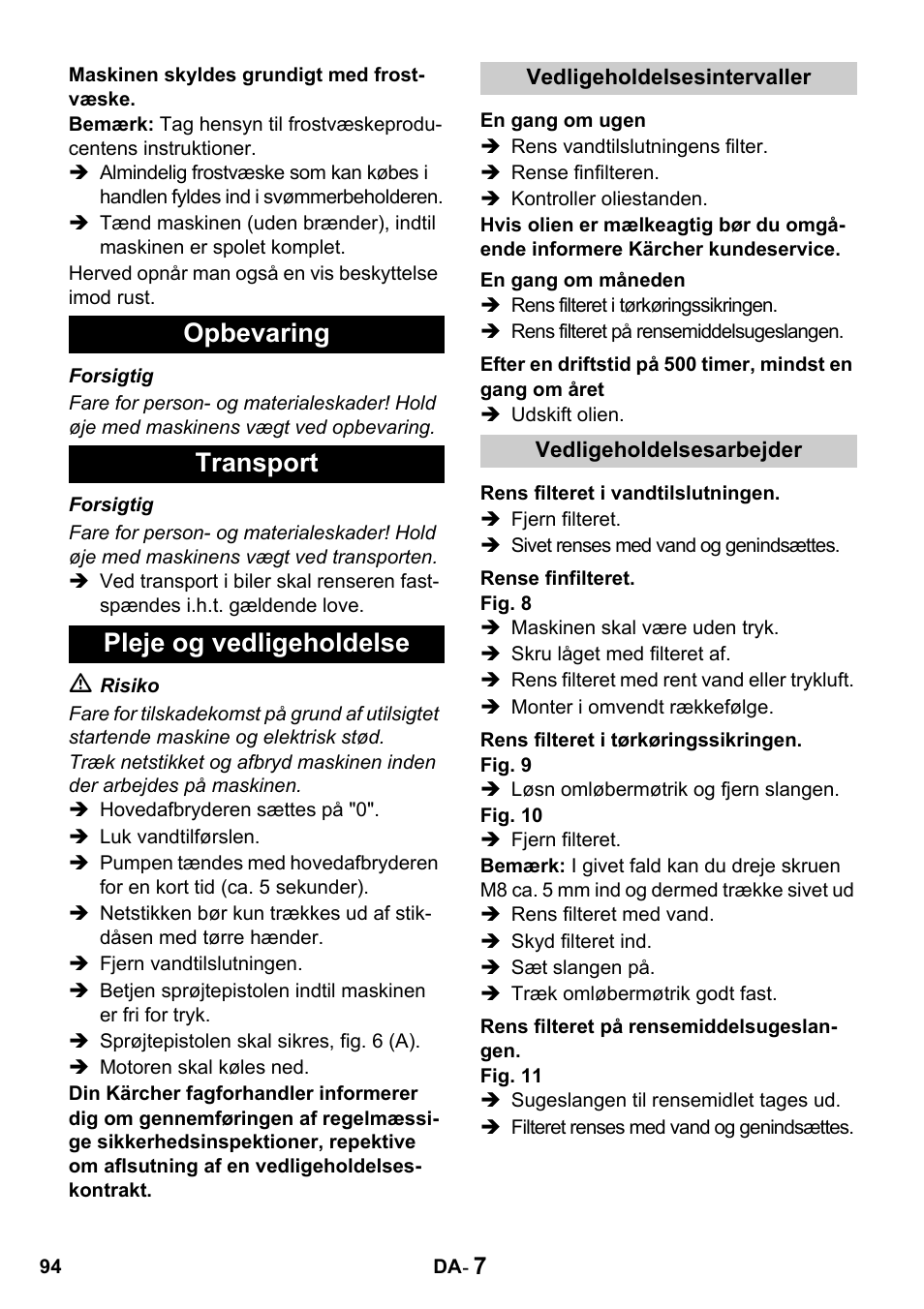 Opbevaring transport pleje og vedligeholdelse | Karcher HDS 650 4M BASICEU-I User Manual | Page 94 / 328