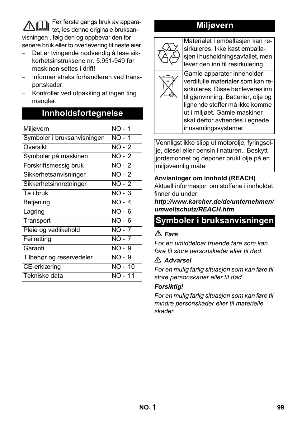 Innholdsfortegnelse, Miljøvern, Symboler i bruksanvisningen | Karcher HDS 650 4M BASICEU-I User Manual | Page 99 / 328