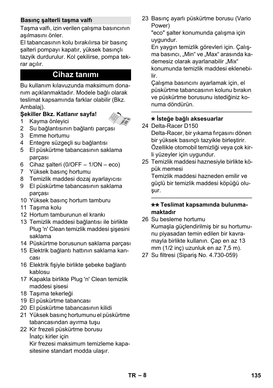 Basınç şalterli taşma valfı, Cihaz tanımı | Karcher K 7 Premium eco!ogic Home User Manual | Page 135 / 296