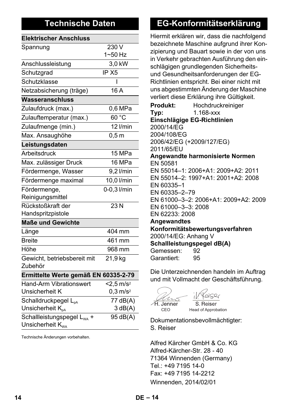 Technische daten, Eg-konformitätserklärung | Karcher K 7 Premium eco!ogic Home User Manual | Page 14 / 296