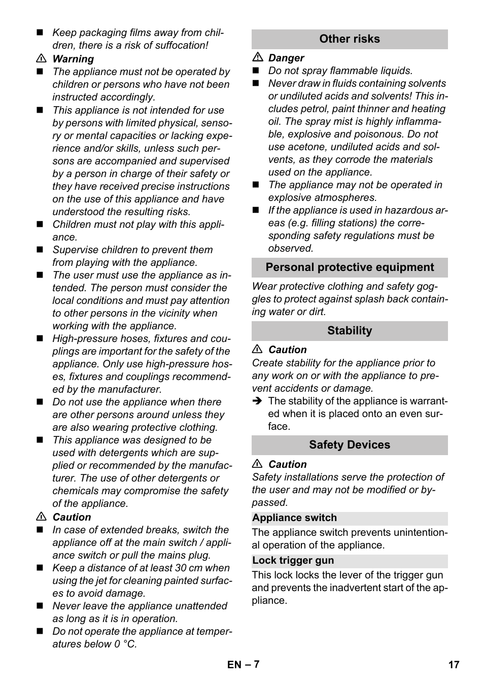 Other risks, Personal protective equipment, Stability | Safety devices, Appliance switch, Lock trigger gun | Karcher K 7 Premium eco!ogic Home User Manual | Page 17 / 296