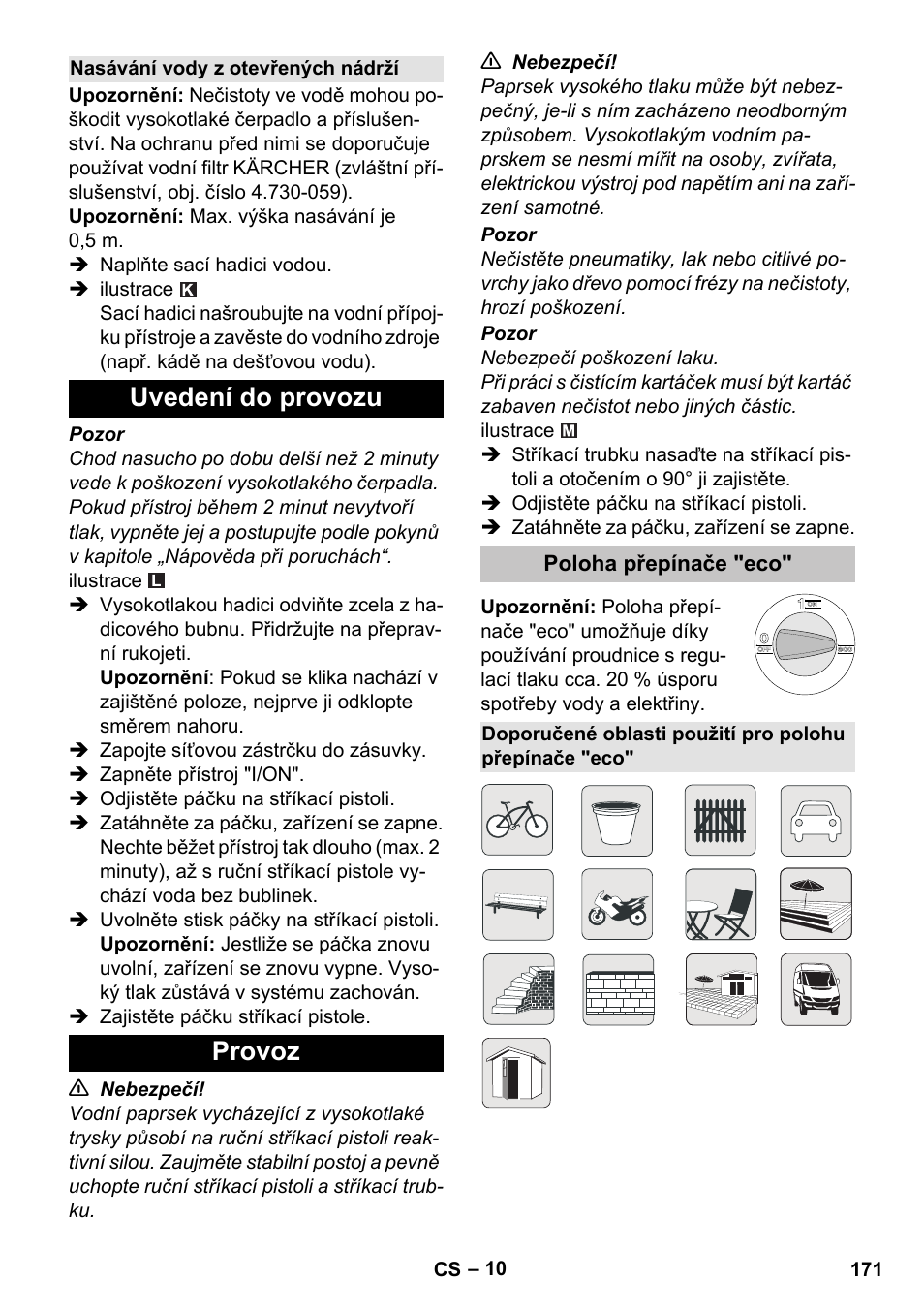 Nasávání vody z otevřených nádrží, Uvedení do provozu, Provoz | Poloha přepínače "eco, Uvedení do provozu provoz | Karcher K 7 Premium eco!ogic Home User Manual | Page 171 / 296