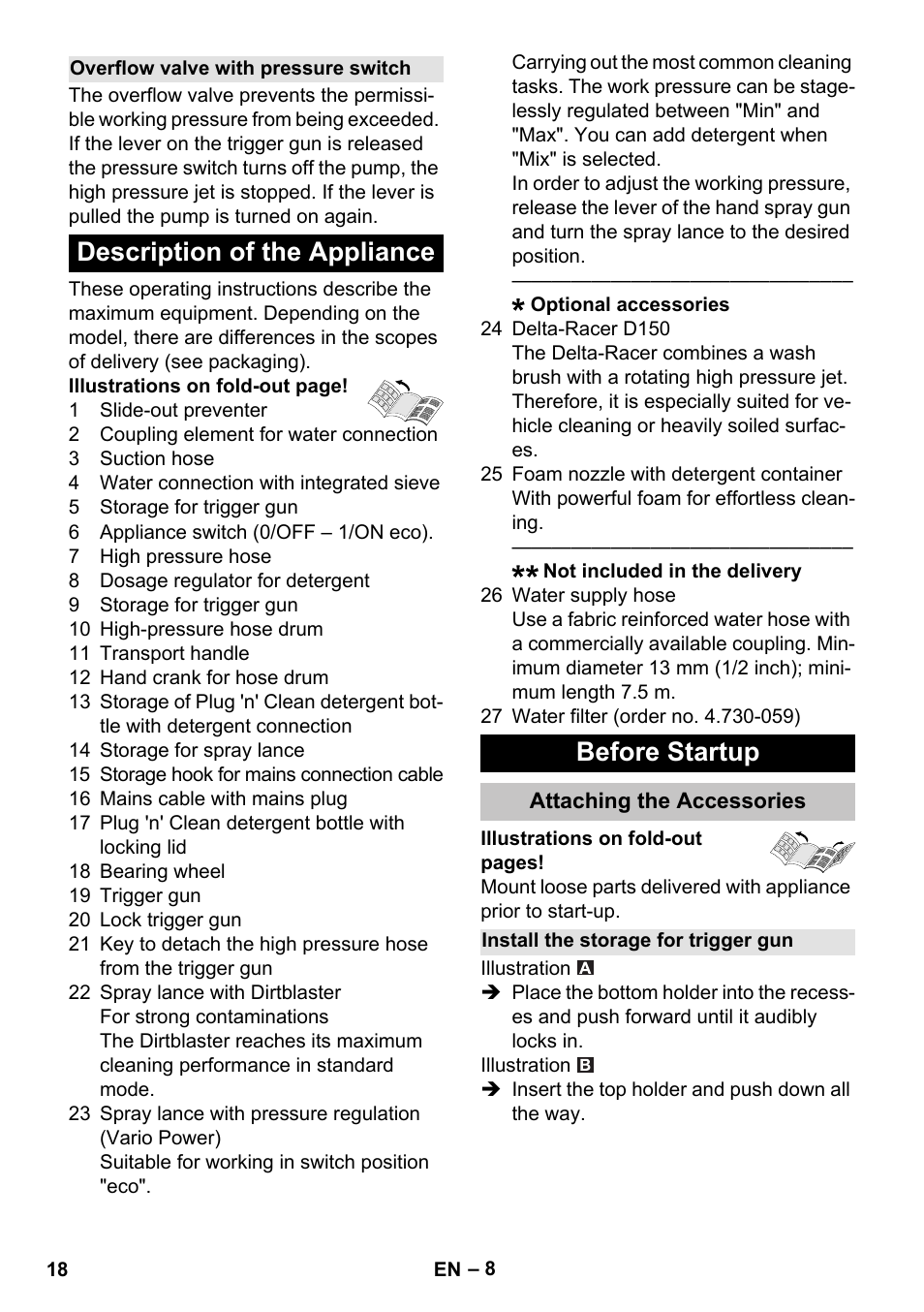 Overflow valve with pressure switch, Description of the appliance, Before startup | Attaching the accessories, Install the storage for trigger gun, Description of the appliance before startup | Karcher K 7 Premium eco!ogic Home User Manual | Page 18 / 296