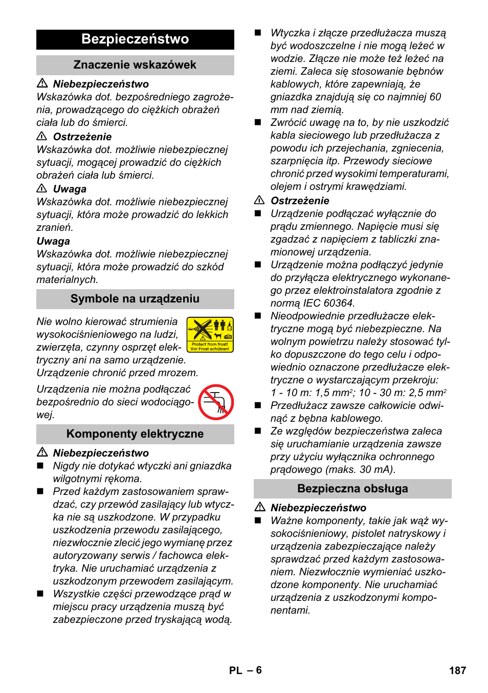 Bezpieczeństwo, Znaczenie wskazówek, Symbole na urządzeniu | Komponenty elektryczne, Bezpieczna obsługa | Karcher K 7 Premium eco!ogic Home User Manual | Page 187 / 296