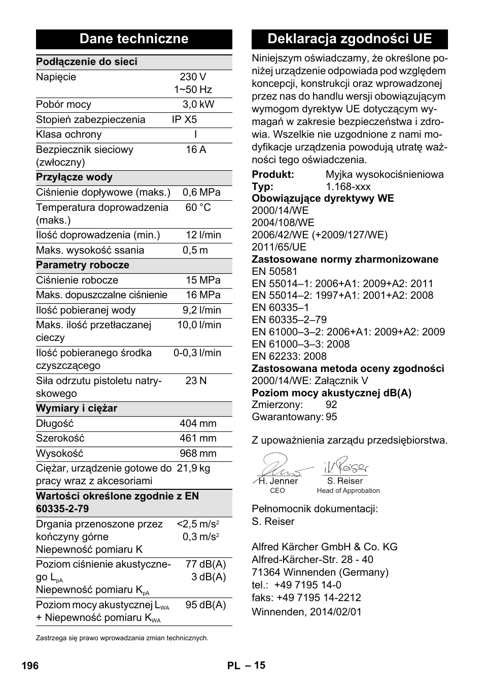 Dane techniczne, Deklaracja zgodności ue | Karcher K 7 Premium eco!ogic Home User Manual | Page 196 / 296