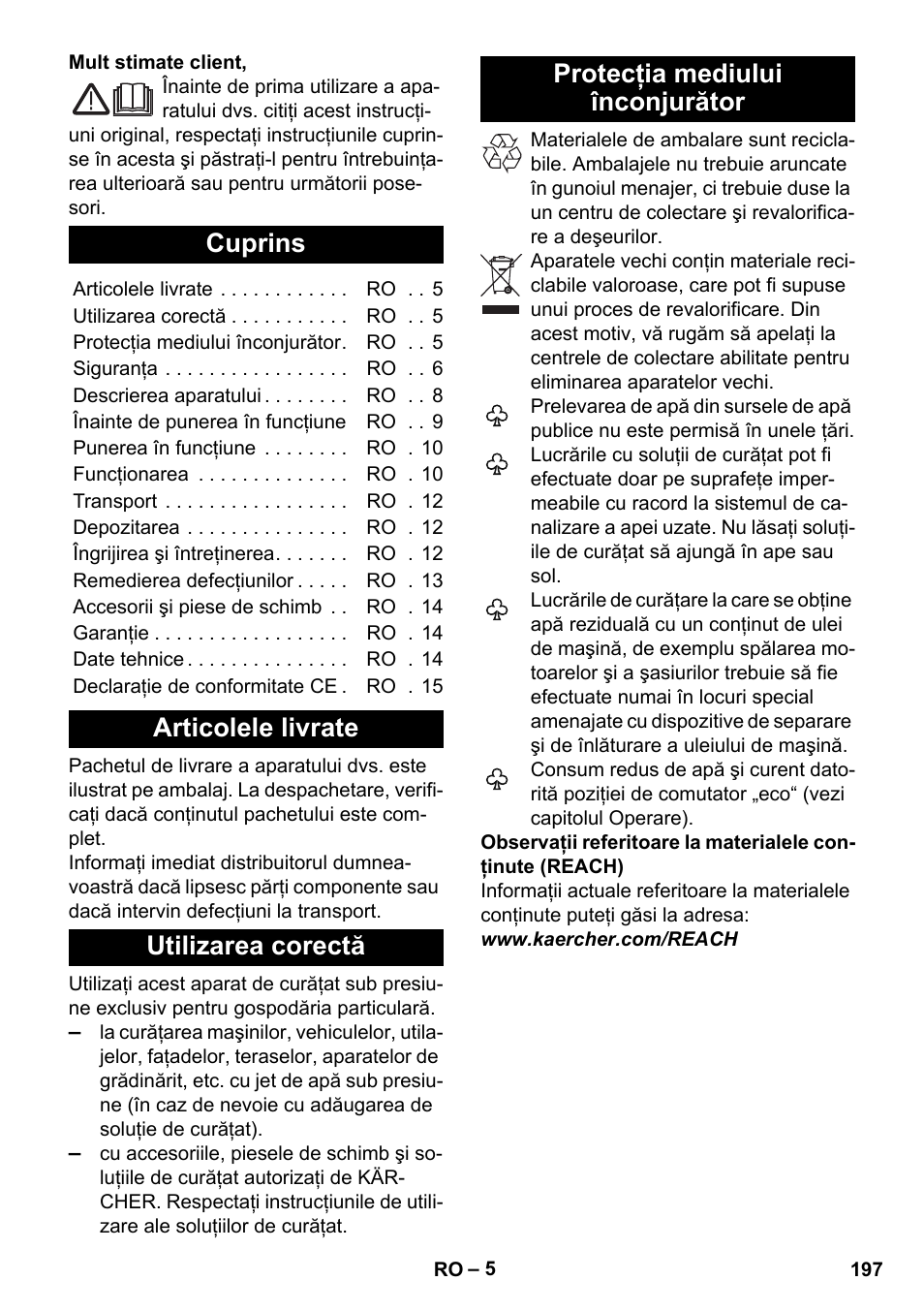 Româneşte, Cuprins, Articolele livrate | Utilizarea corectă, Protecţia mediului înconjurător | Karcher K 7 Premium eco!ogic Home User Manual | Page 197 / 296