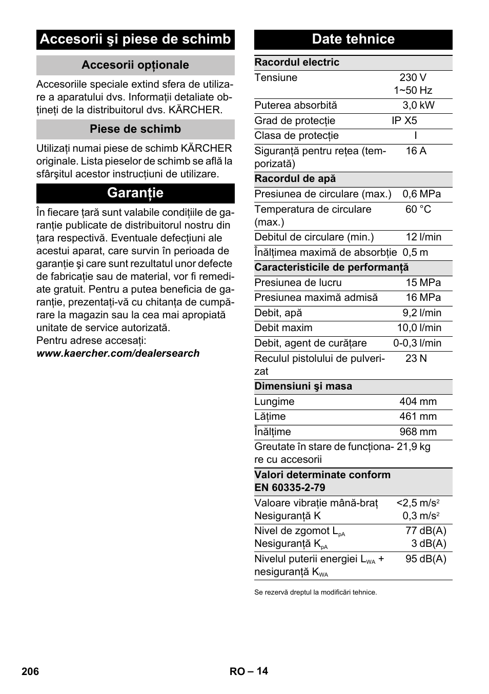Accesorii şi piese de schimb, Accesorii opţionale, Piese de schimb | Garanţie, Date tehnice, Garanţie date tehnice | Karcher K 7 Premium eco!ogic Home User Manual | Page 206 / 296