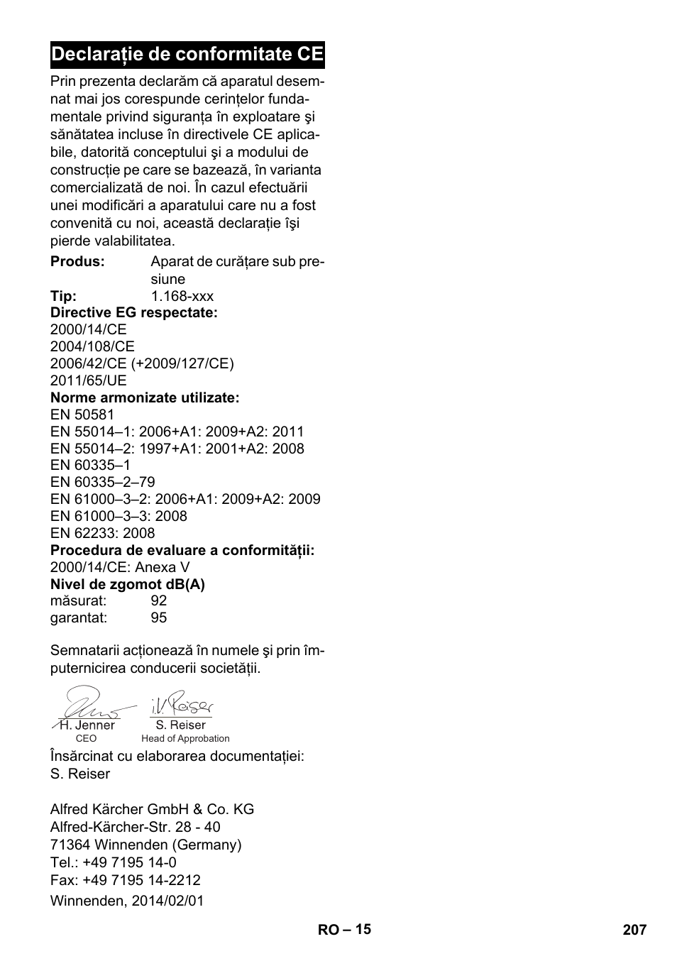 Declaraţie de conformitate ce | Karcher K 7 Premium eco!ogic Home User Manual | Page 207 / 296