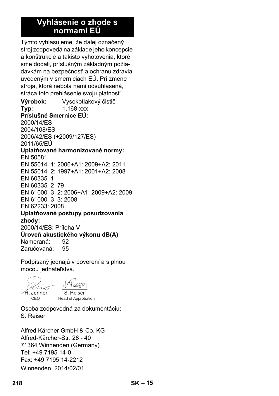 Vyhlásenie o zhode s normami eú | Karcher K 7 Premium eco!ogic Home User Manual | Page 218 / 296