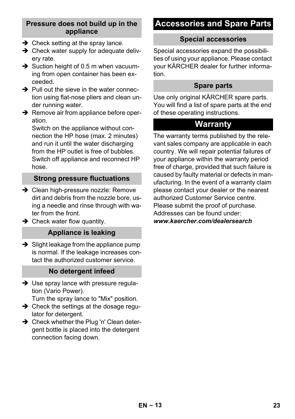 Pressure does not build up in the appliance, Strong pressure fluctuations, Appliance is leaking | No detergent infeed, Accessories and spare parts, Special accessories, Spare parts, Warranty | Karcher K 7 Premium eco!ogic Home User Manual | Page 23 / 296