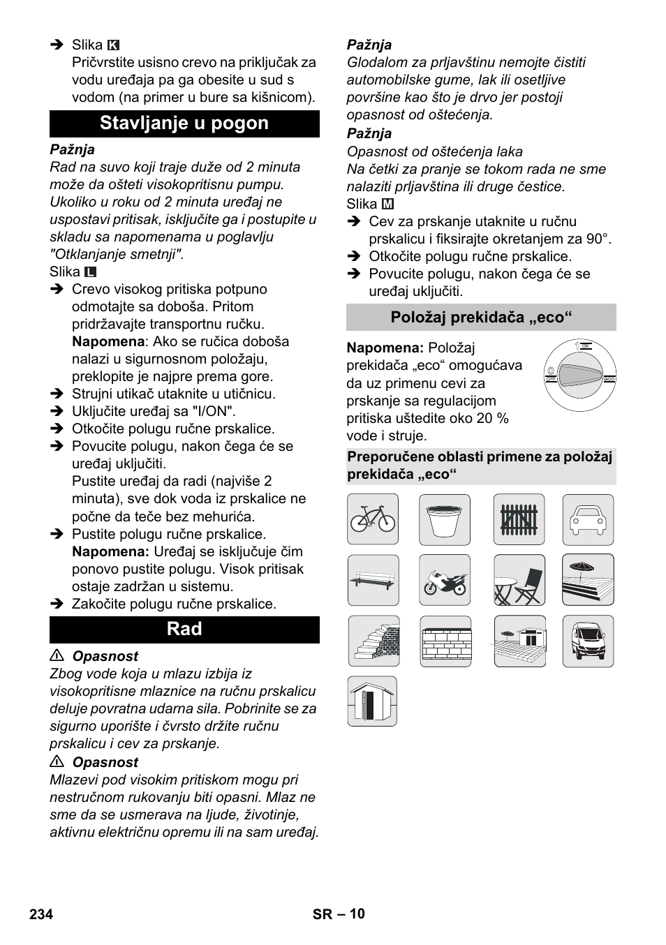 Stavljanje u pogon, Položaj prekidača „eco, Stavljanje u pogon rad | Karcher K 7 Premium eco!ogic Home User Manual | Page 234 / 296