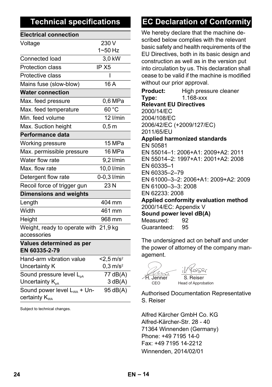 Technical specifications, Ec declaration of conformity | Karcher K 7 Premium eco!ogic Home User Manual | Page 24 / 296