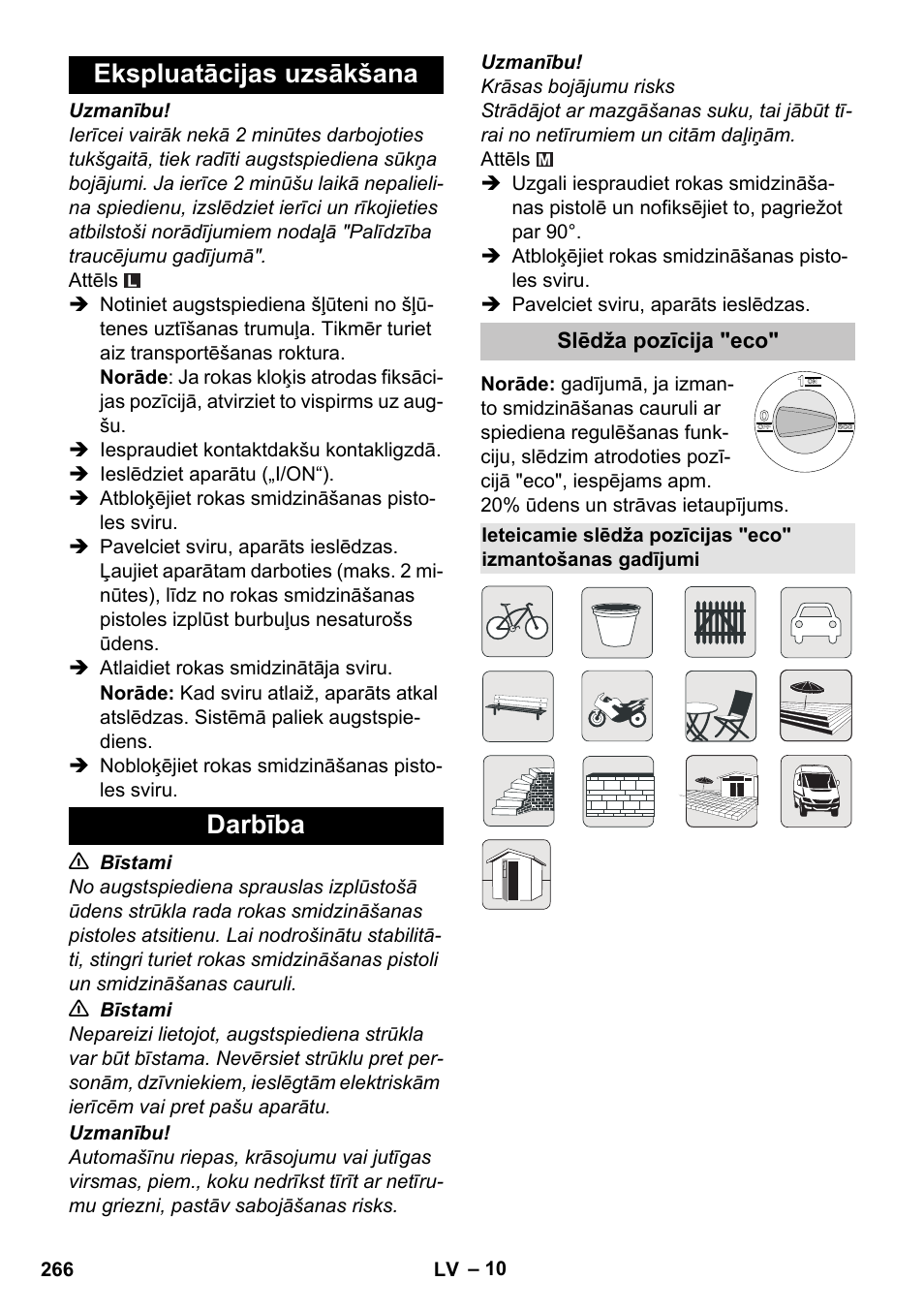 Ekspluatācijas uzsākšana, Darbība, Slēdža pozīcija "eco | Ekspluatācijas uzsākšana darbība | Karcher K 7 Premium eco!ogic Home User Manual | Page 266 / 296