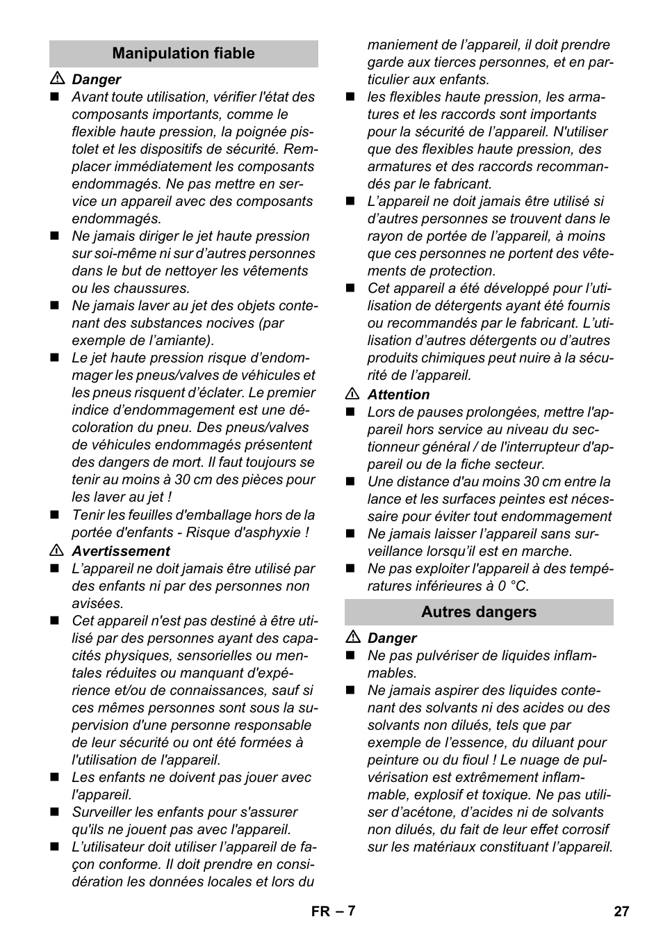 Manipulation fiable, Autres dangers | Karcher K 7 Premium eco!ogic Home User Manual | Page 27 / 296