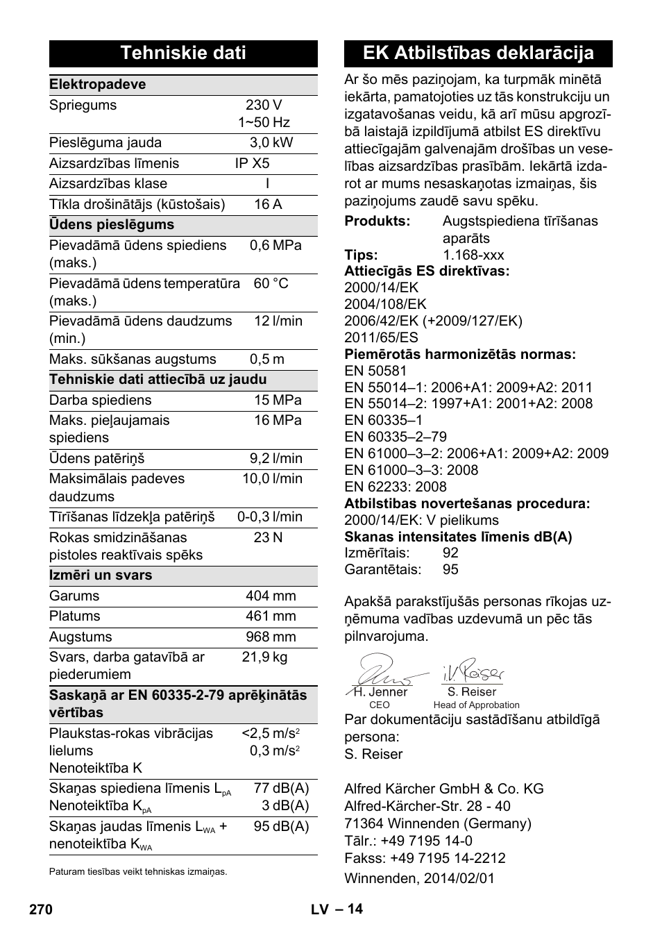 Tehniskie dati, Ek atbilstības deklarācija | Karcher K 7 Premium eco!ogic Home User Manual | Page 270 / 296