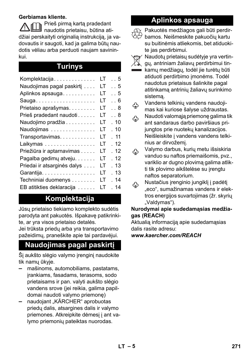 Lietuviškai, Turinys, Komplektacija | Naudojimas pagal paskirtį, Aplinkos apsauga | Karcher K 7 Premium eco!ogic Home User Manual | Page 271 / 296