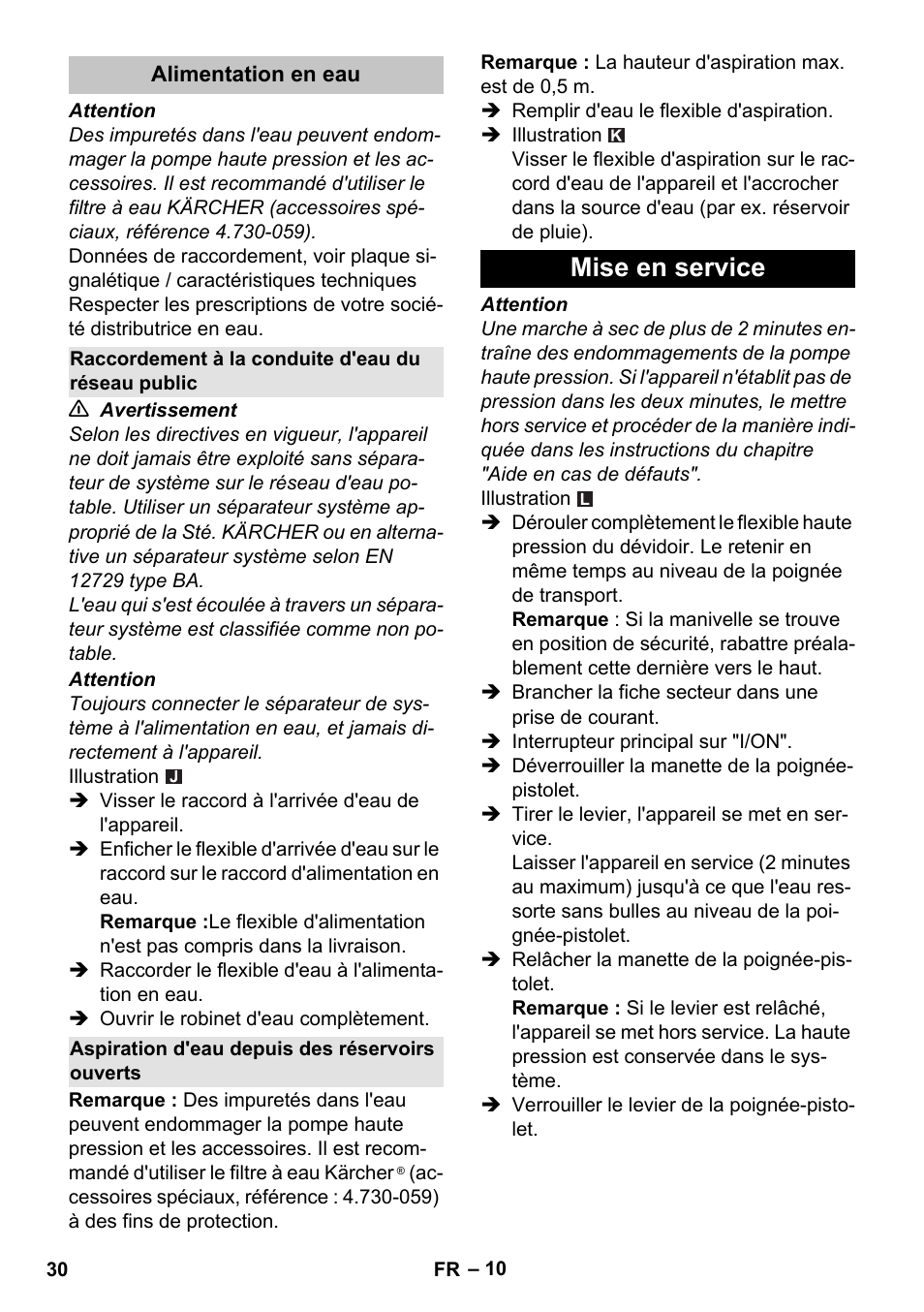 Alimentation en eau, Raccordement à la conduite d'eau du réseau public, Aspiration d'eau depuis des réservoirs ouverts | Mise en service | Karcher K 7 Premium eco!ogic Home User Manual | Page 30 / 296