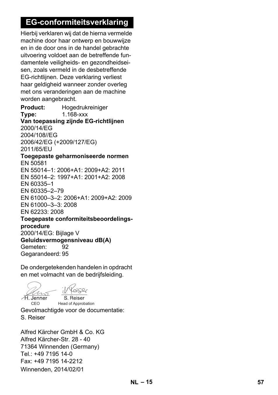 Eg-conformiteitsverklaring | Karcher K 7 Premium eco!ogic Home User Manual | Page 57 / 296