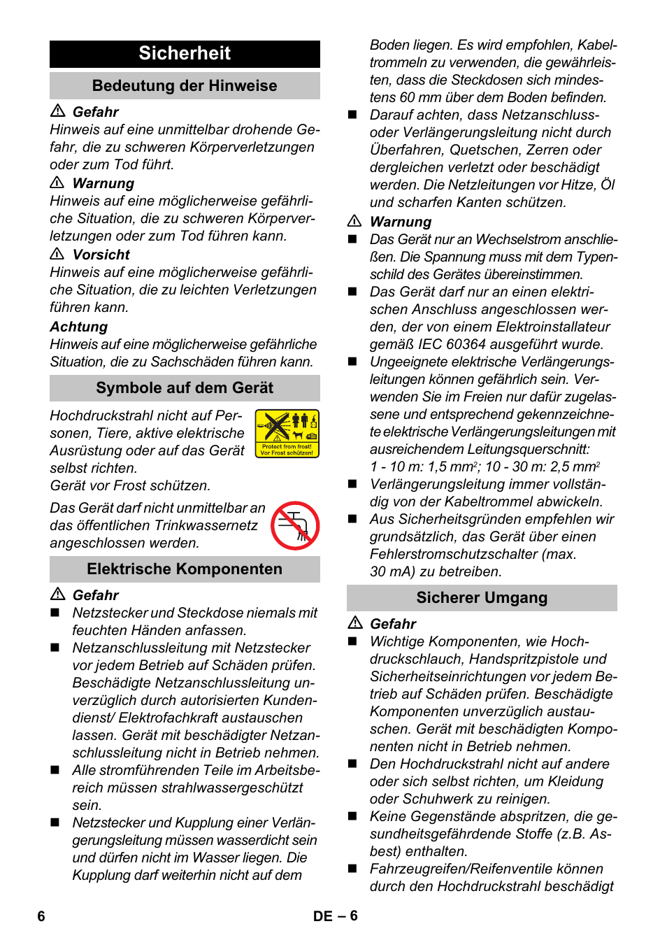 Sicherheit, Bedeutung der hinweise, Symbole auf dem gerät | Elektrische komponenten, Sicherer umgang | Karcher K 7 Premium eco!ogic Home User Manual | Page 6 / 296