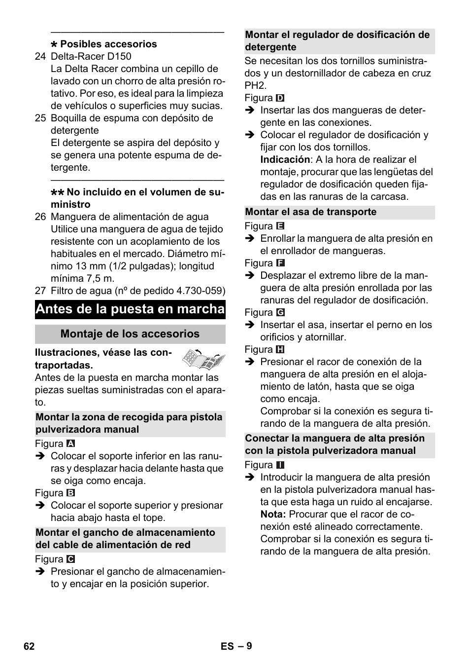 Antes de la puesta en marcha, Montaje de los accesorios, Montar el regulador de dosificación de detergente | Montar el asa de transporte | Karcher K 7 Premium eco!ogic Home User Manual | Page 62 / 296