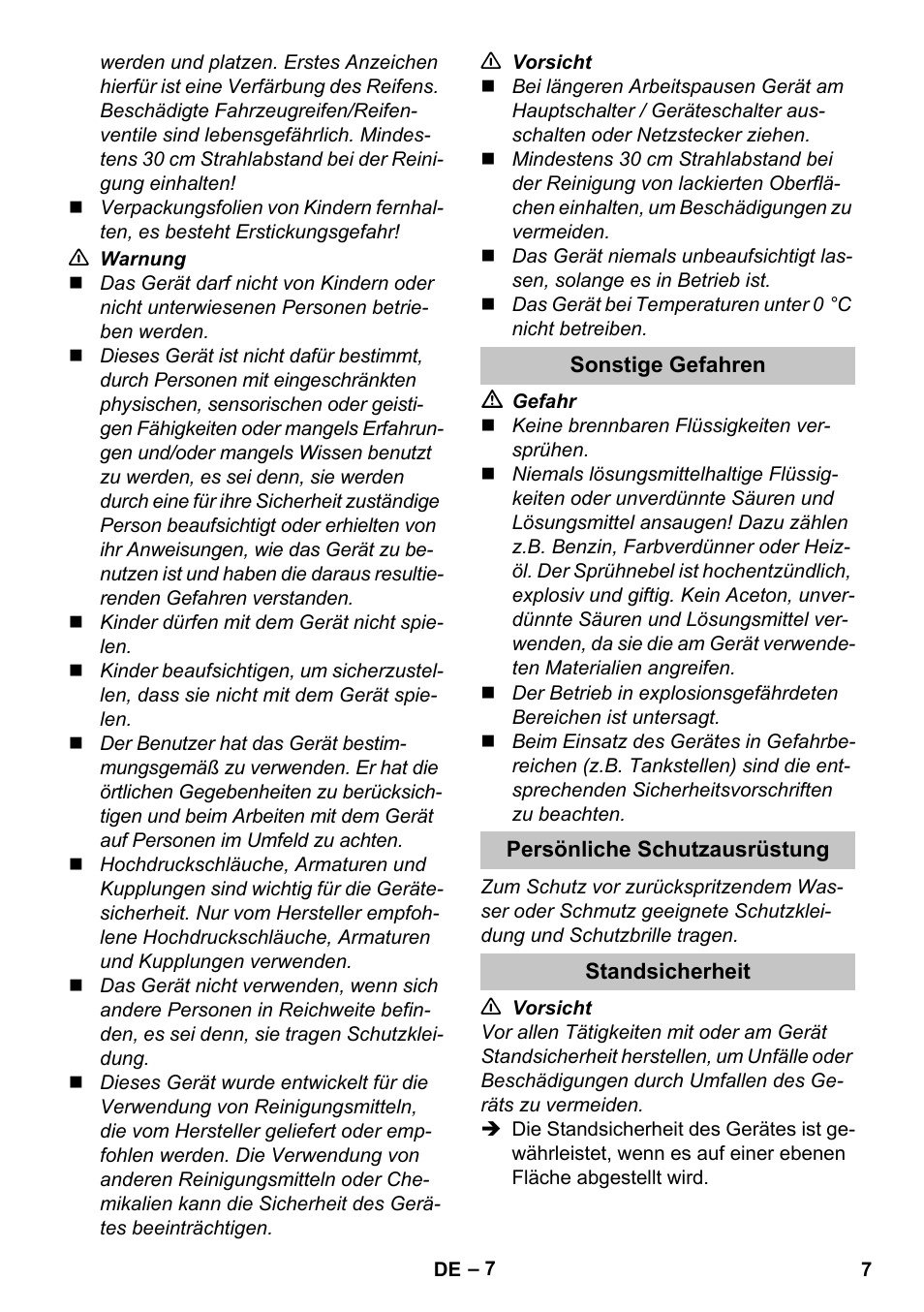 Sonstige gefahren, Persönliche schutzausrüstung, Standsicherheit | Karcher K 7 Premium eco!ogic Home User Manual | Page 7 / 296