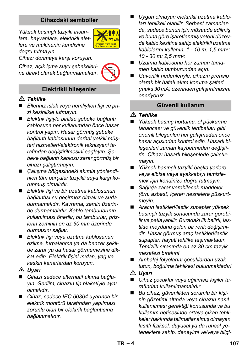 Cihazdaki semboller, Elektrikli bileşenler, Güvenli kullanım | Karcher K 2 Compact Car User Manual | Page 107 / 244