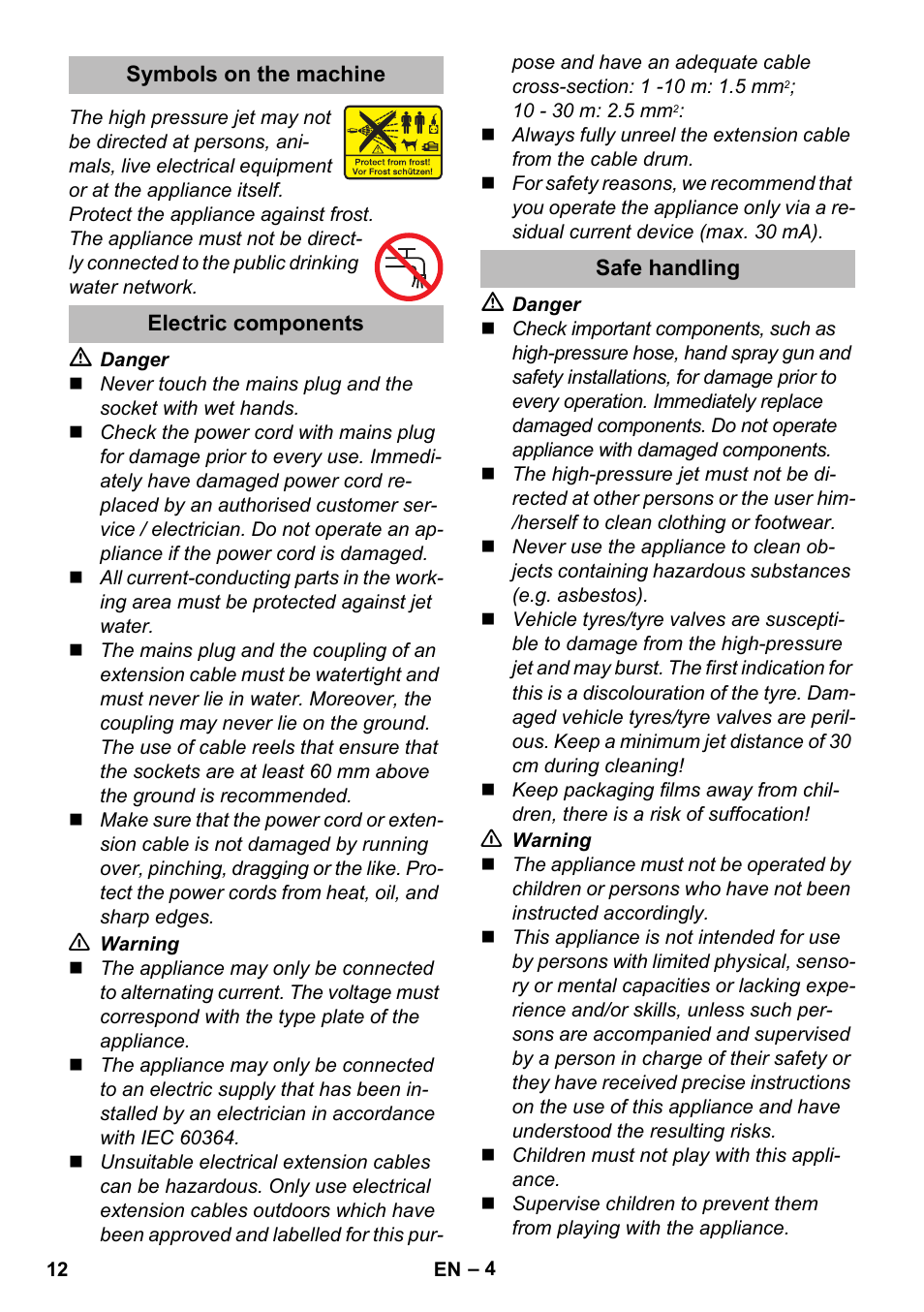 Symbols on the machine, Electric components, Safe handling | Karcher K 2 Compact Car User Manual | Page 12 / 244