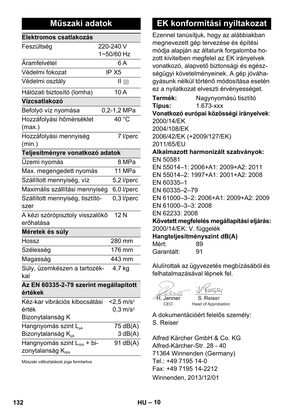 Műszaki adatok, Ek konformitási nyiltakozat | Karcher K 2 Compact Car User Manual | Page 132 / 244