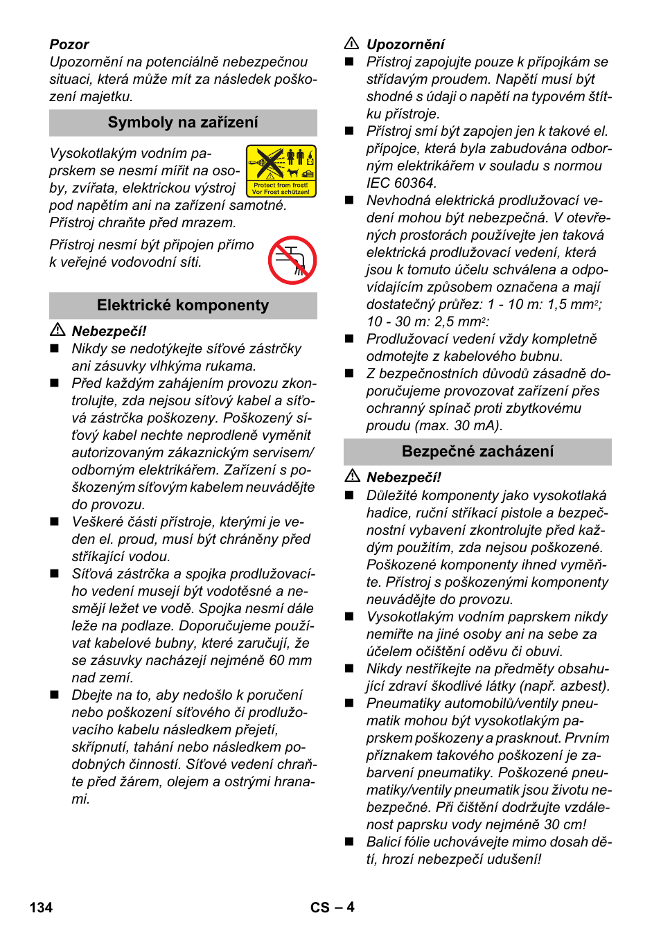 Symboly na zařízení, Elektrické komponenty, Bezpečné zacházení | Karcher K 2 Compact Car User Manual | Page 134 / 244