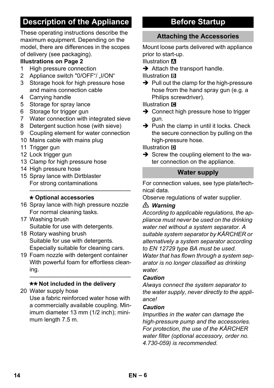 Description of the appliance, Before startup, Attaching the accessories | Water supply, Description of the appliance before startup | Karcher K 2 Compact Car User Manual | Page 14 / 244