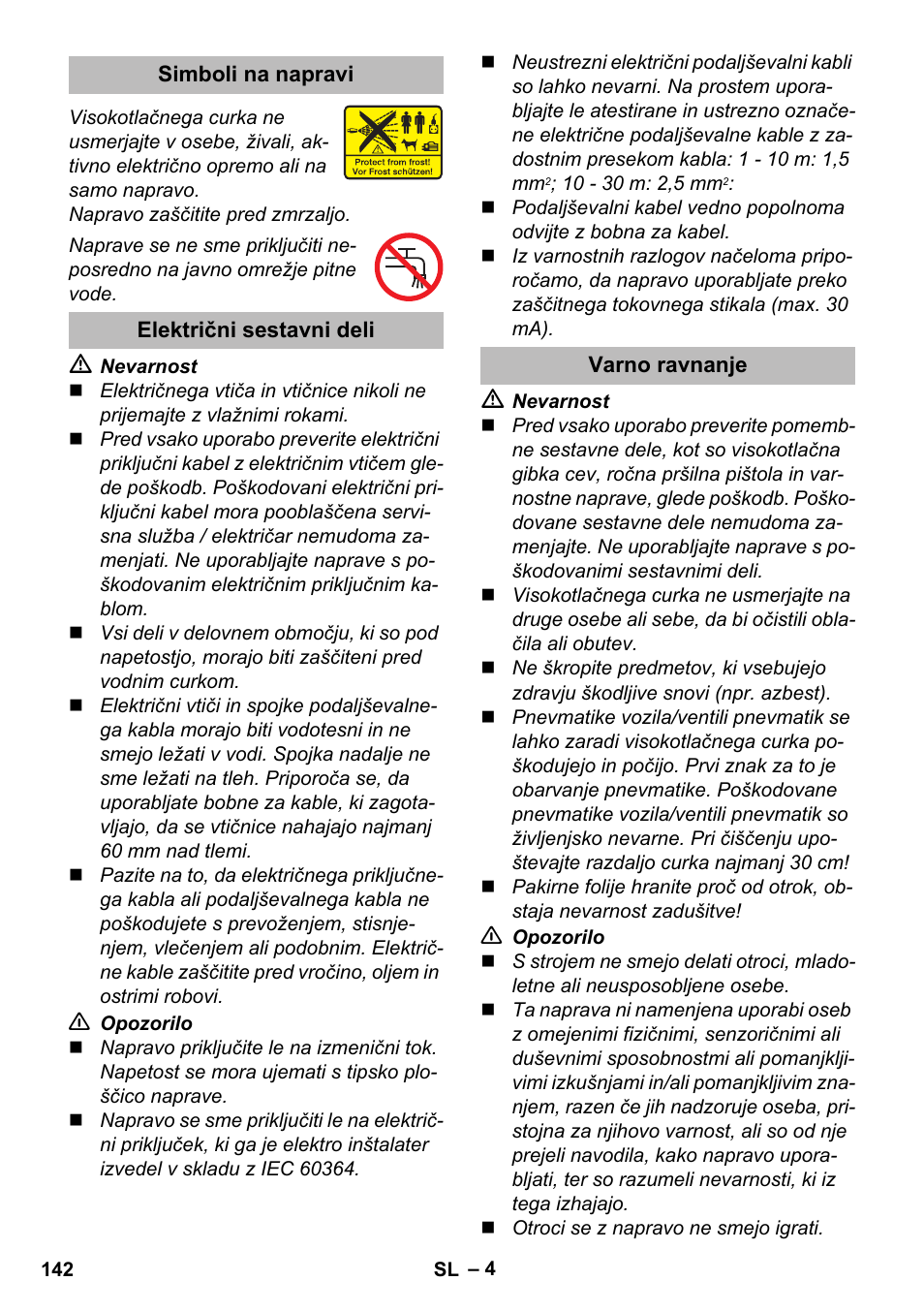 Simboli na napravi, Električni sestavni deli, Varno ravnanje | Karcher K 2 Compact Car User Manual | Page 142 / 244