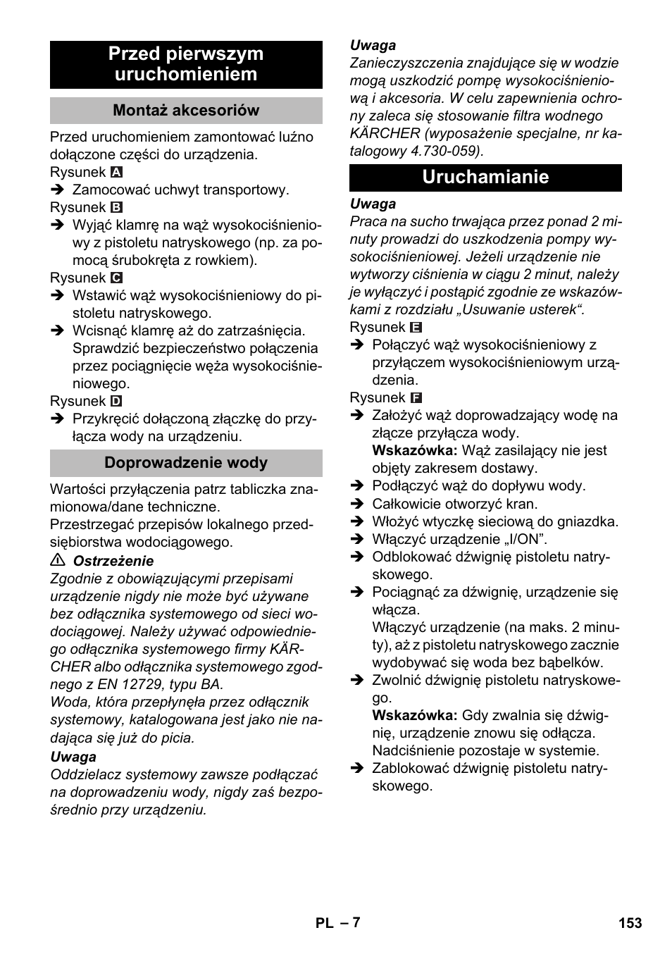 Przed pierwszym uruchomieniem, Montaż akcesoriów, Doprowadzenie wody | Uruchamianie | Karcher K 2 Compact Car User Manual | Page 153 / 244