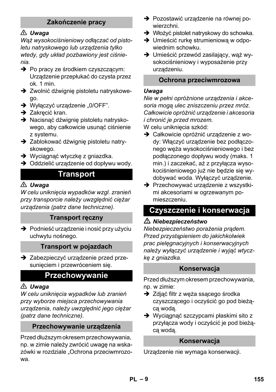 Zakończenie pracy, Transport, Transport ręczny | Transport w pojazdach, Przechowywanie, Przechowywanie urządzenia, Ochrona przeciwmrozowa, Czyszczenie i konserwacja, Konserwacja | Karcher K 2 Compact Car User Manual | Page 155 / 244