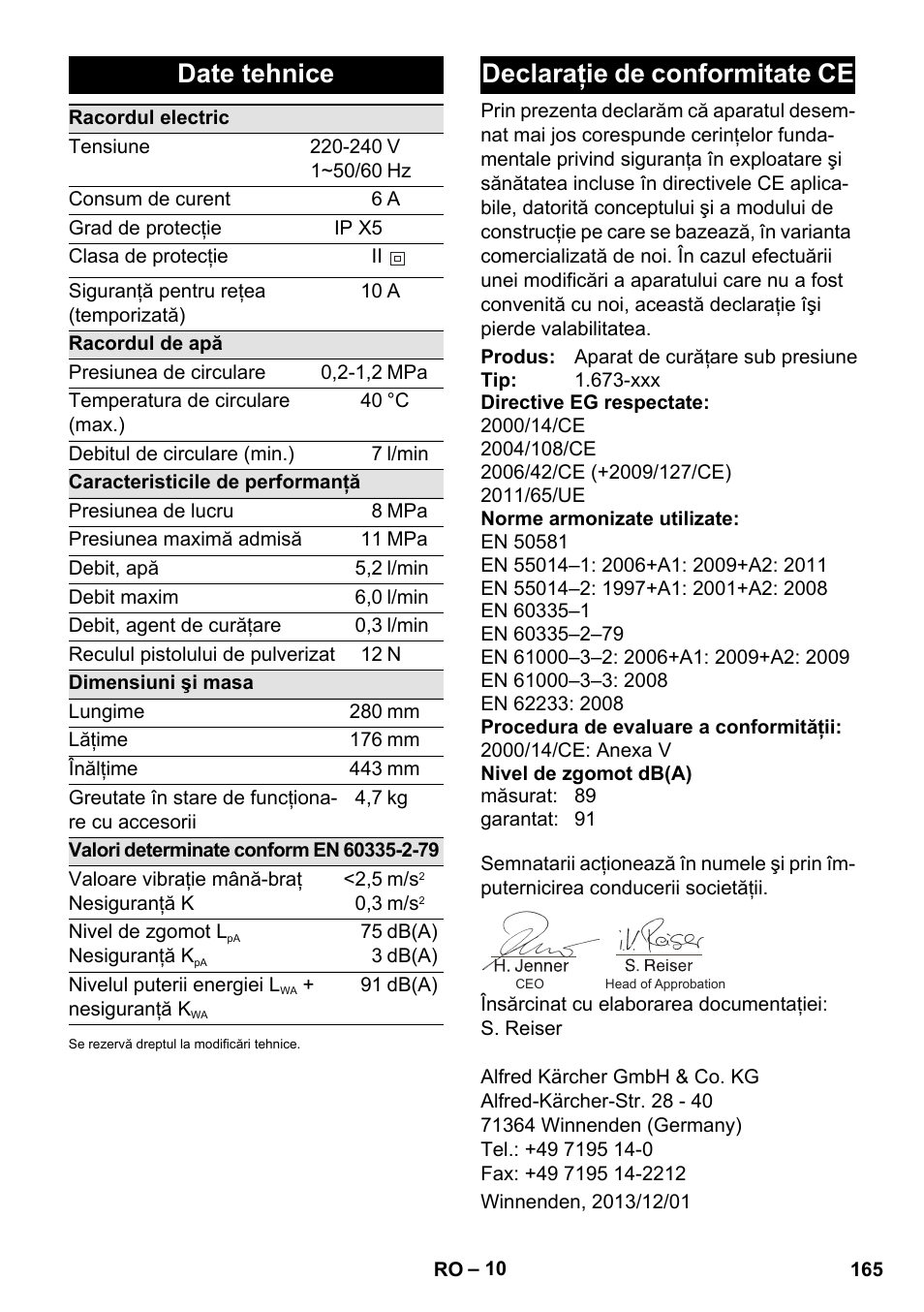 Date tehnice, Declaraţie de conformitate ce | Karcher K 2 Compact Car User Manual | Page 165 / 244