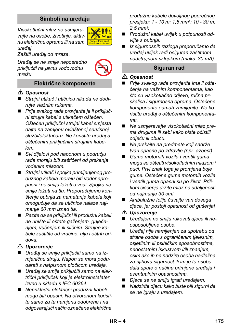 Simboli na uređaju, Električne komponente, Siguran rad | Karcher K 2 Compact Car User Manual | Page 175 / 244