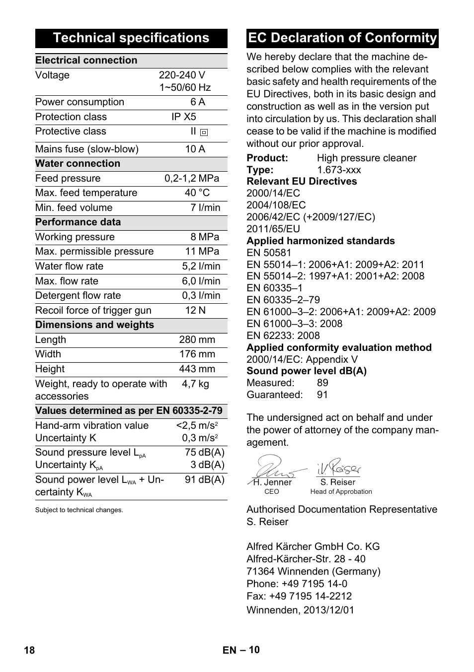 Technical specifications, Ec declaration of conformity | Karcher K 2 Compact Car User Manual | Page 18 / 244