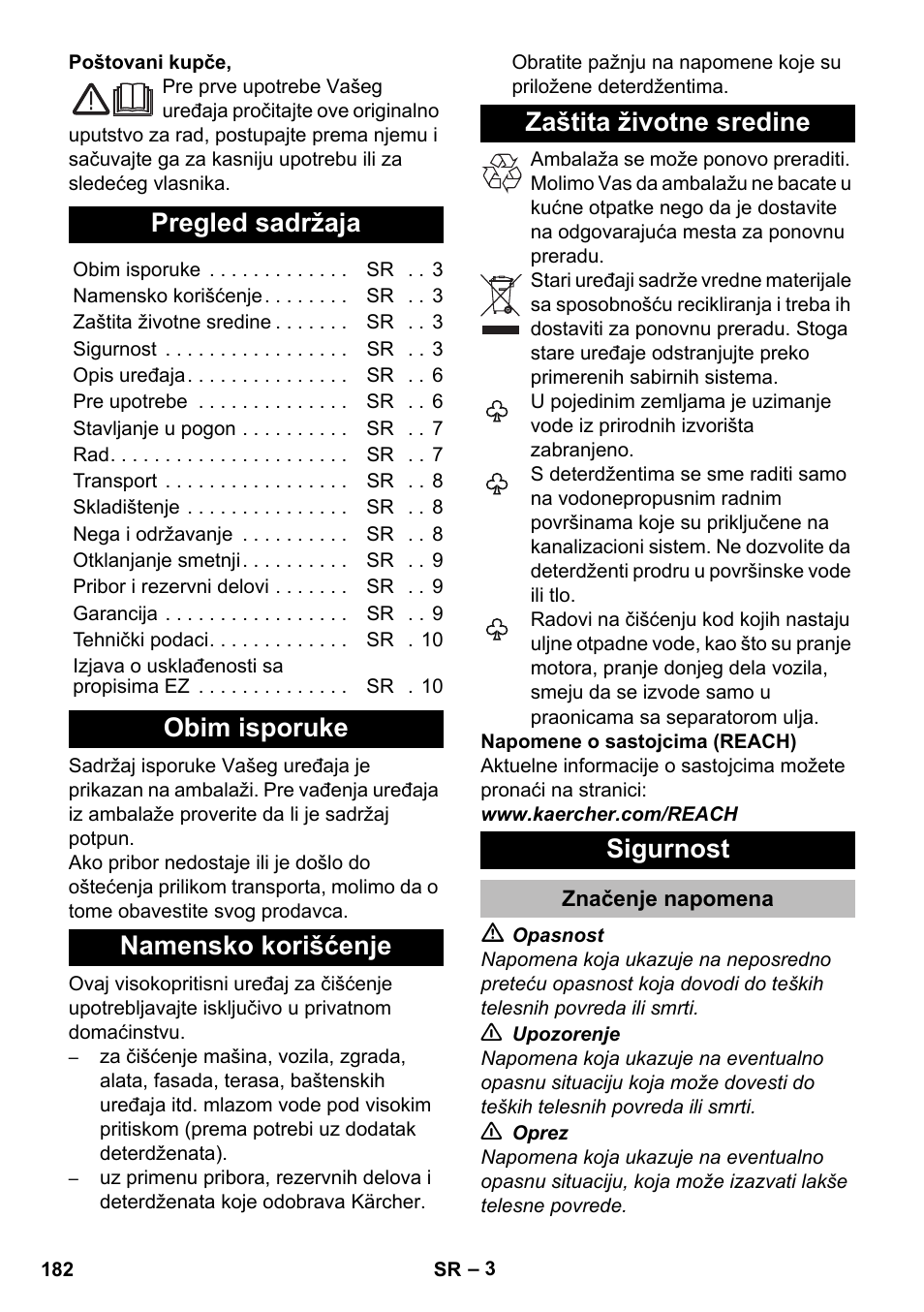 Srpski, Pregled sadržaja, Obim isporuke | Namensko korišćenje, Zaštita životne sredine, Sigurnost, Značenje napomena | Karcher K 2 Compact Car User Manual | Page 182 / 244