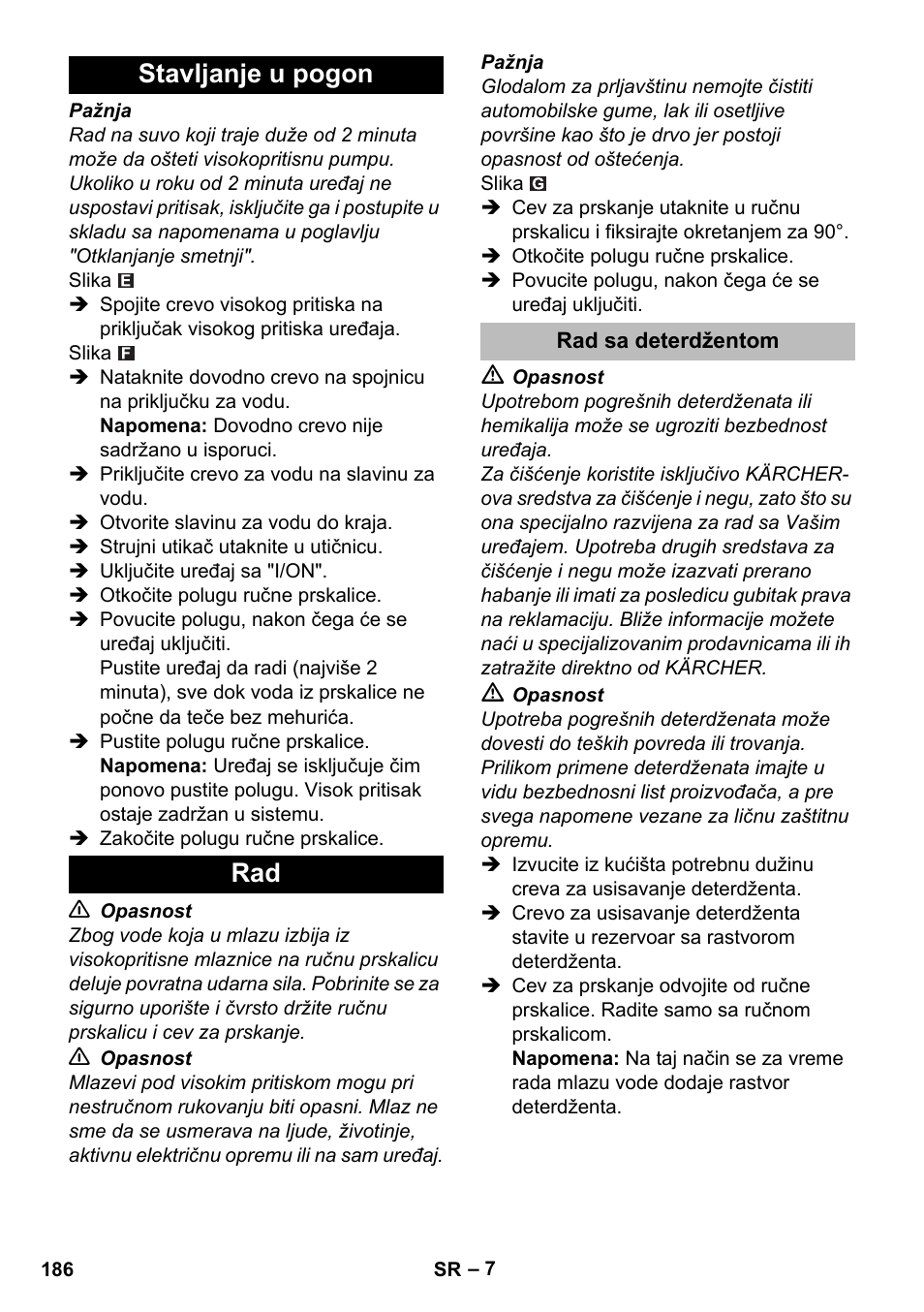 Stavljanje u pogon, Rad sa deterdžentom, Stavljanje u pogon rad | Karcher K 2 Compact Car User Manual | Page 186 / 244