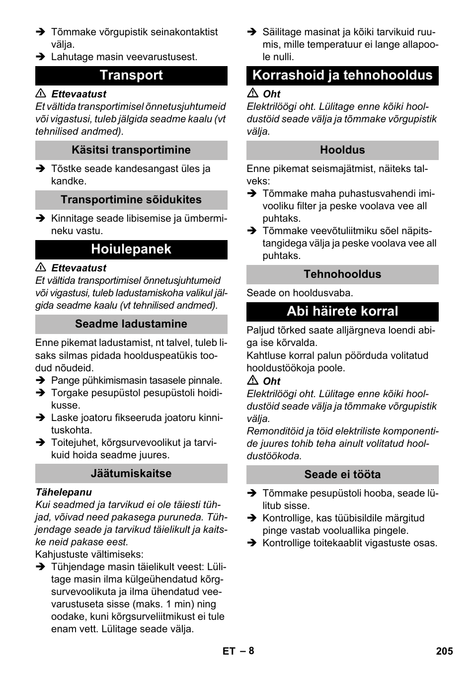 Transport, Käsitsi transportimine, Transportimine sõidukites | Hoiulepanek, Seadme ladustamine, Jäätumiskaitse, Korrashoid ja tehnohooldus, Hooldus, Tehnohooldus, Abi häirete korral | Karcher K 2 Compact Car User Manual | Page 205 / 244